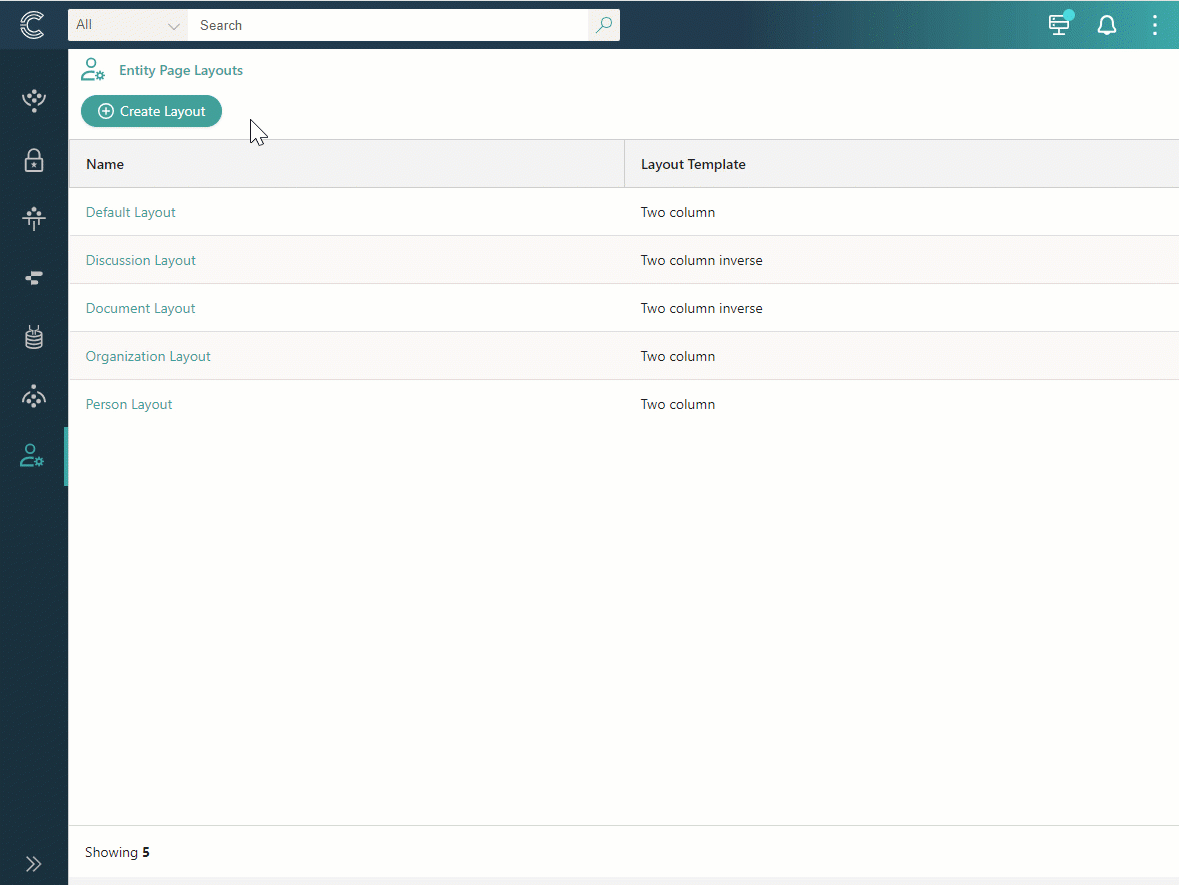 Animation: selecting Create Layout, entering a display name, choosing a layout template, and selecting Create