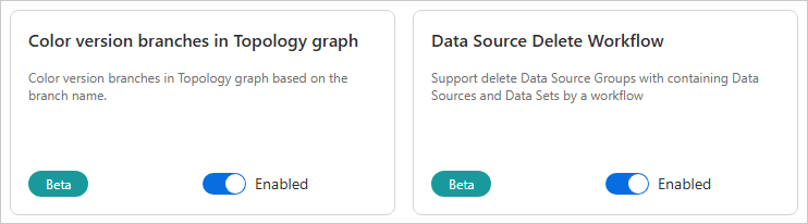 Two feature flag cards, Color version branches in Topology graph and Data Source Delete Workflow, each marked Beta with the toggle set to Enabled