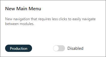 The New Main Menu feature flag card with its toggle set to Disabled