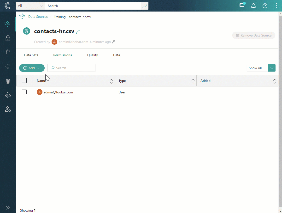 Animation: on the Permissions tab of a data source, selecting Add, choosing users, and selecting Grant Access
