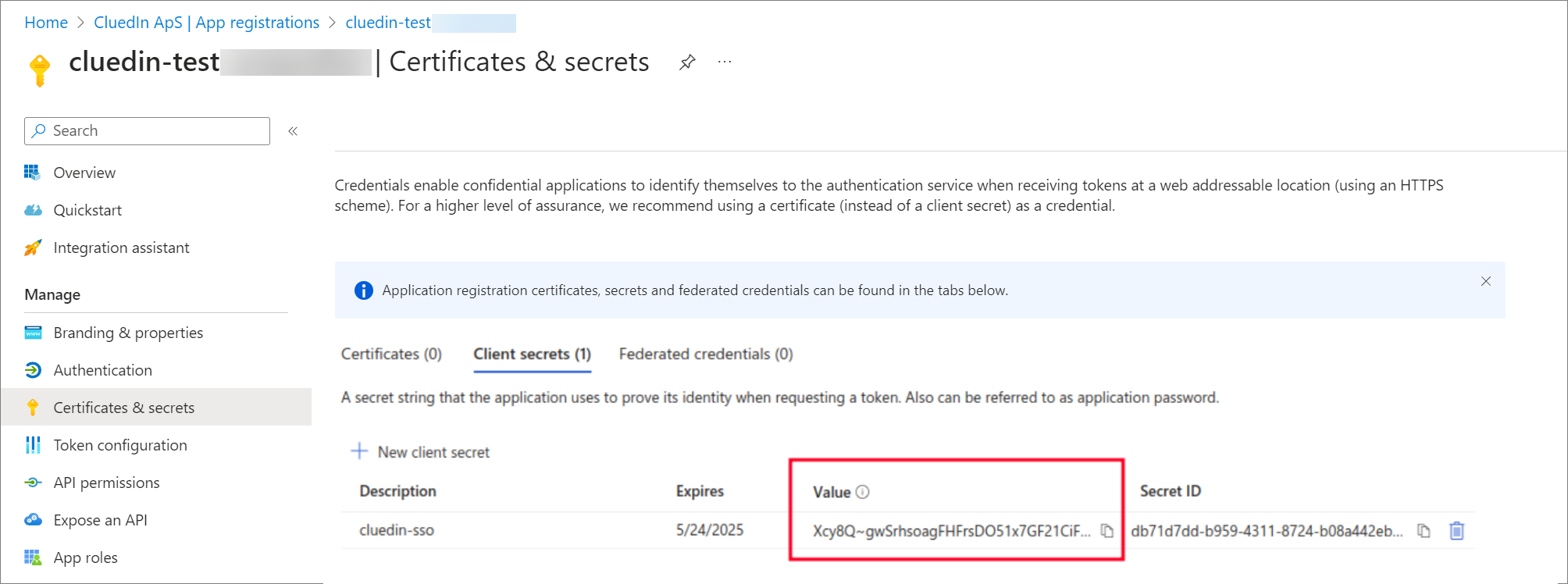 Certificates and secrets page, Client secrets tab, with the Value of the cluedin-sso secret highlighted