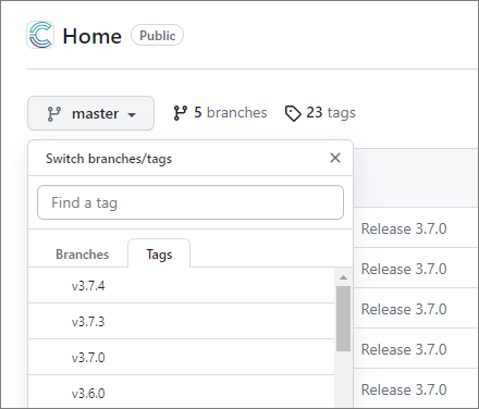 The CluedIn Home repository on GitHub with the Switch branches/tags menu open on the Tags tab, listing release tags such as v3.7.4
