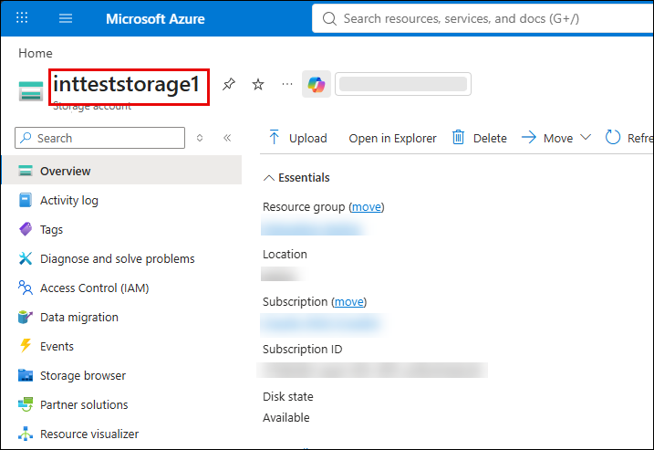 Azure portal storage account Overview page with the storage account name highlighted at the top