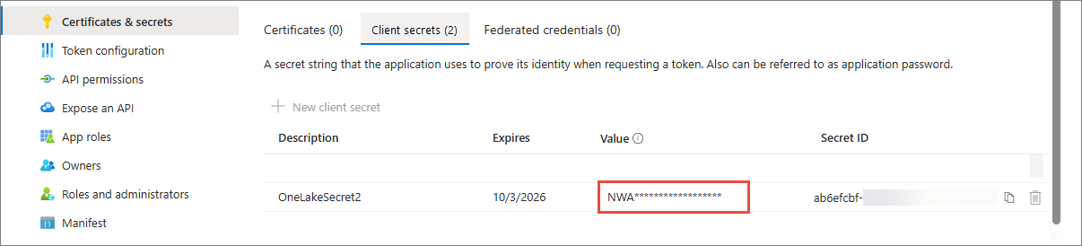 App registration Certificates & secrets page on the Client secrets tab, with the secret Value highlighted