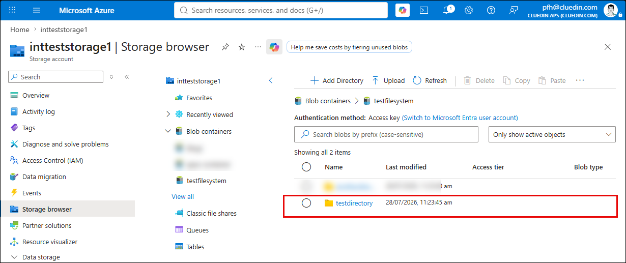 Azure portal Storage browser inside the testfilesystem container, with the testdirectory folder highlighted