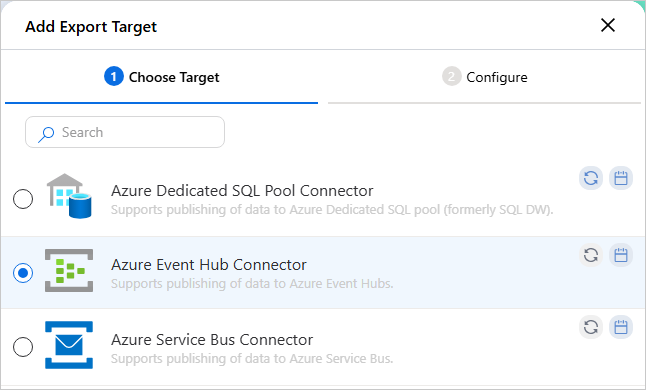 The Add Export Target dialog on the Choose Target tab, with Azure Event Hub Connector selected