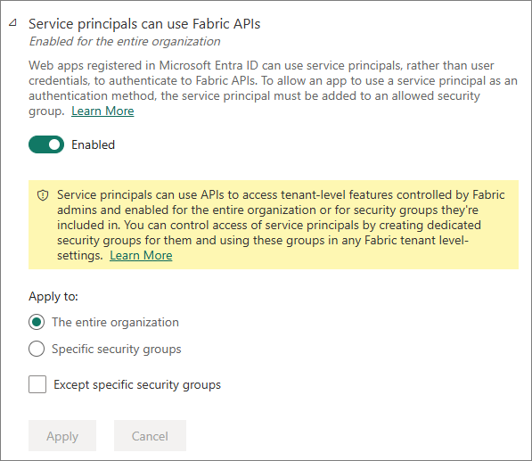 Fabric tenant setting Service principals can use Fabric APIs, set to Enabled and applied to the entire organization