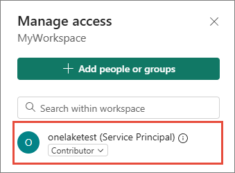 Manage access pane for MyWorkspace showing the onelaketest service principal with the Contributor role