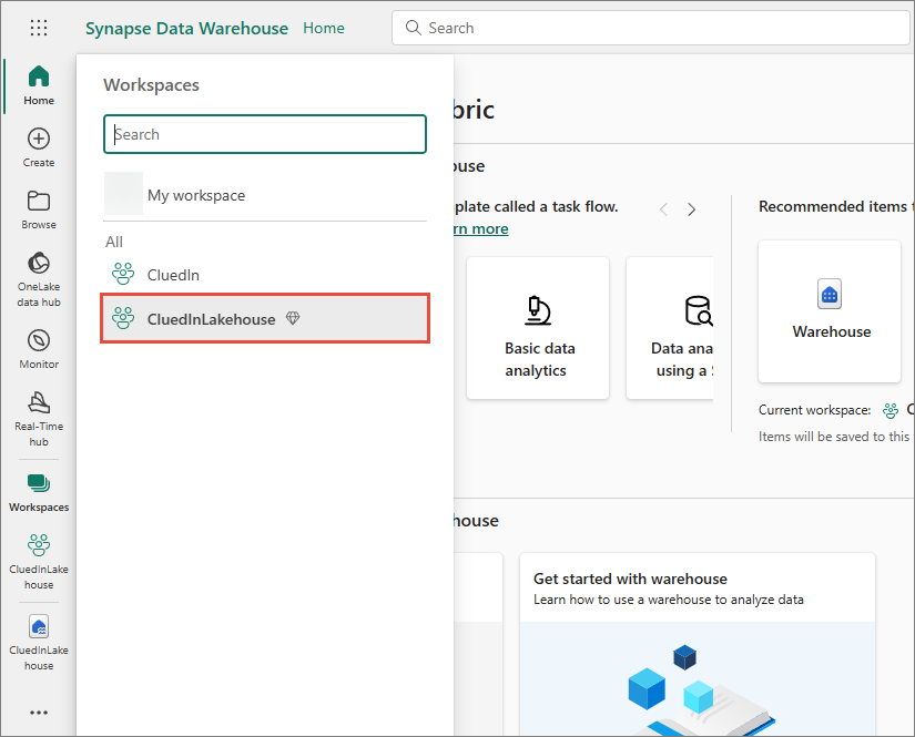 Microsoft Fabric Workspaces list opened from the left-hand menu, with the CluedInLakehouse workspace highlighted