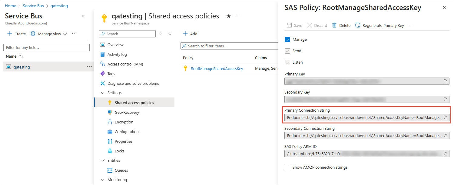 Azure portal Shared access policies for a Service Bus namespace, with the Primary Connection String of RootManageSharedAccessKey highlighted