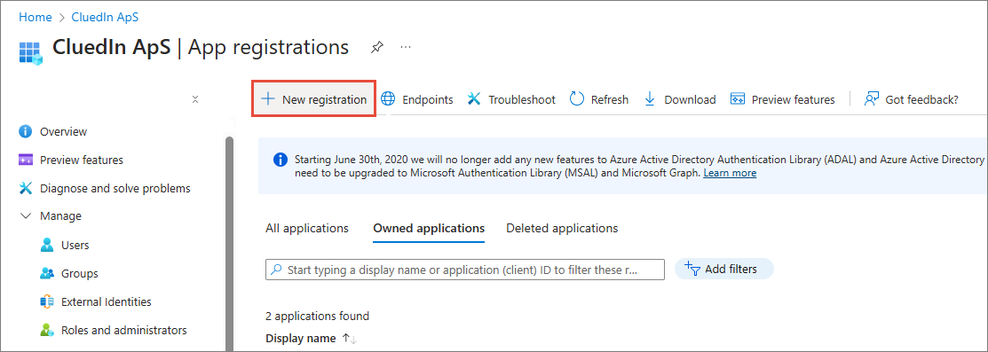The App registrations page with the New registration button highlighted