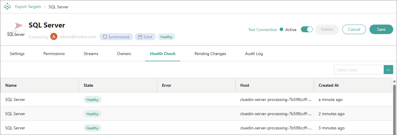 The Health Check tab of an SQL Server export target, listing health checks with the Healthy state, host and creation time