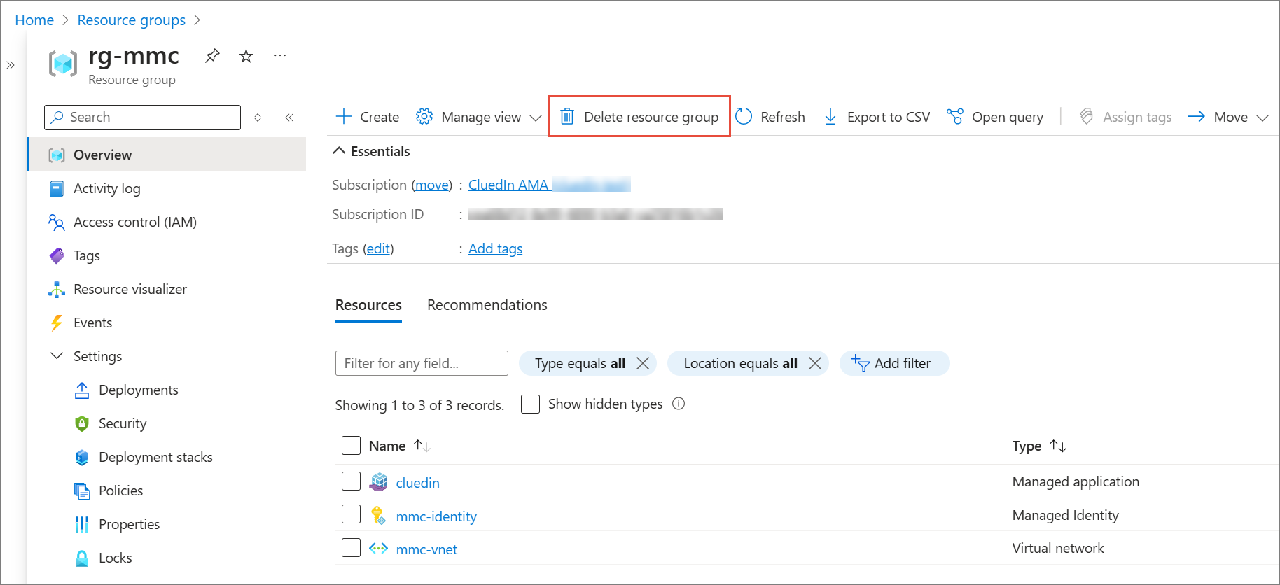Azure resource group rg-mmc overview with the Delete resource group button highlighted