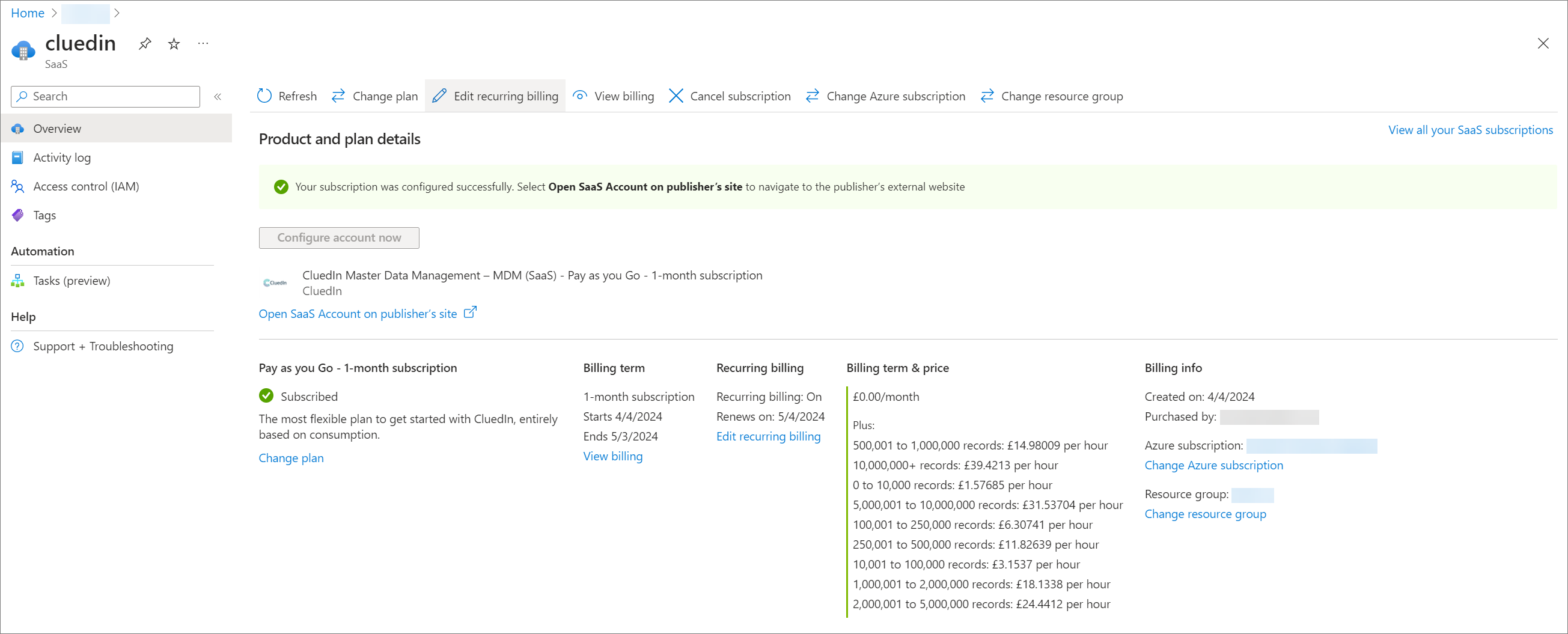 SaaS subscription overview in the Azure portal showing it was configured successfully, with plan, billing term, recurring billing, and pricing details