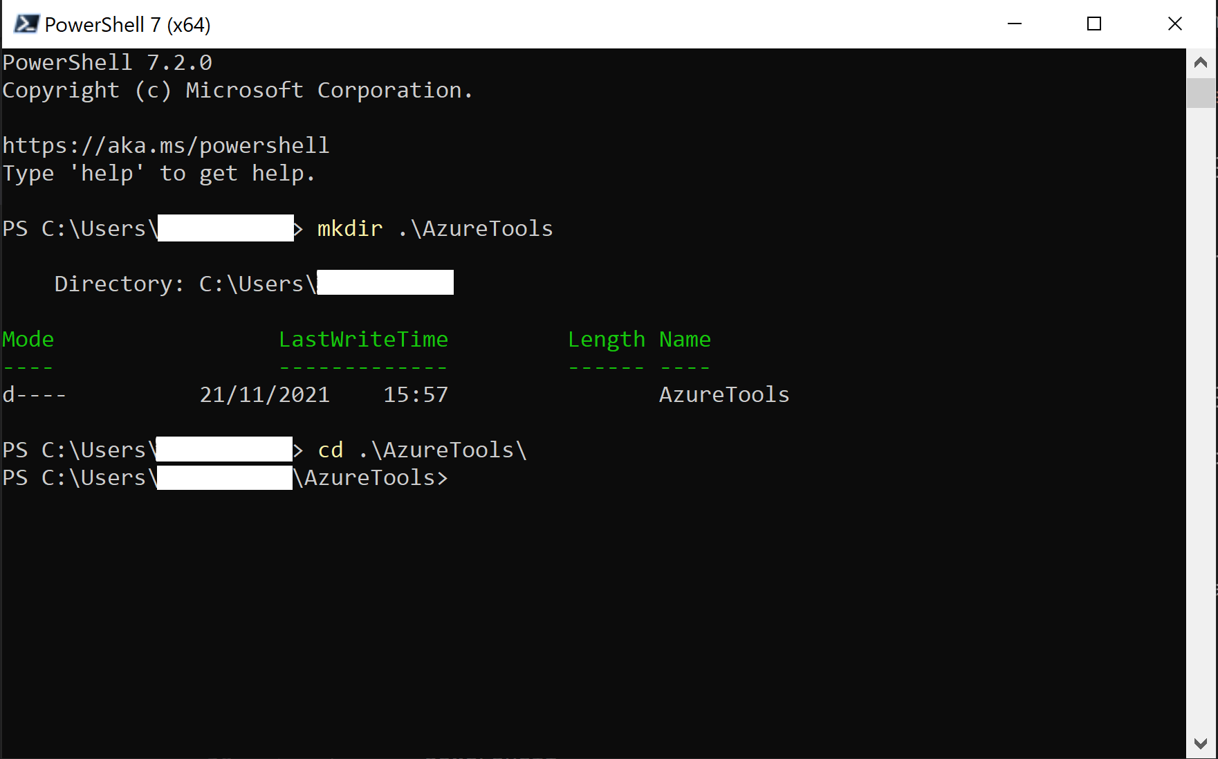PowerShell 7 running mkdir .\AzureTools and cd .\AzureTools, leaving the prompt in the new AzureTools folder