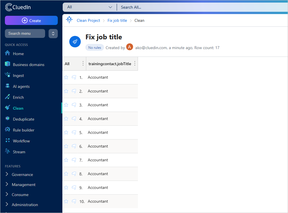 Clean application for the Fix job title project, listing 17 rows of the trainingcontact.jobTitle value Accountant