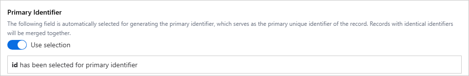 The Primary Identifier section with Use selection turned on and the id field selected for the primary identifier