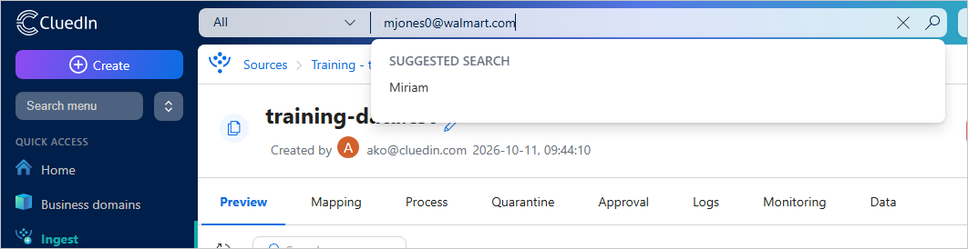 An email address pasted into the search field, with a suggested search result below it