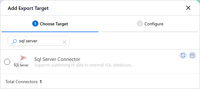 The Add Export Target dialog on the Choose Target tab, with a search for sql server returning the Sql Server Connector
