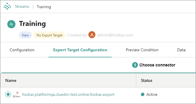 The Export Target Configuration tab of the Training stream on the Choose connector step, with the SQL Server export target selected