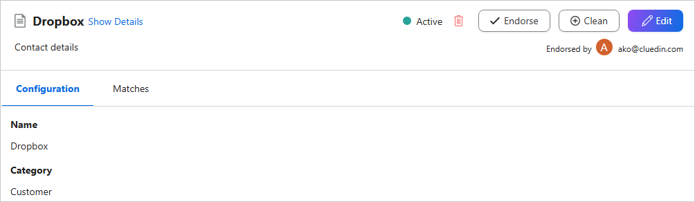 Dropbox term page with the Endorse button in the upper-right corner and Endorsed by showing the user who endorsed it