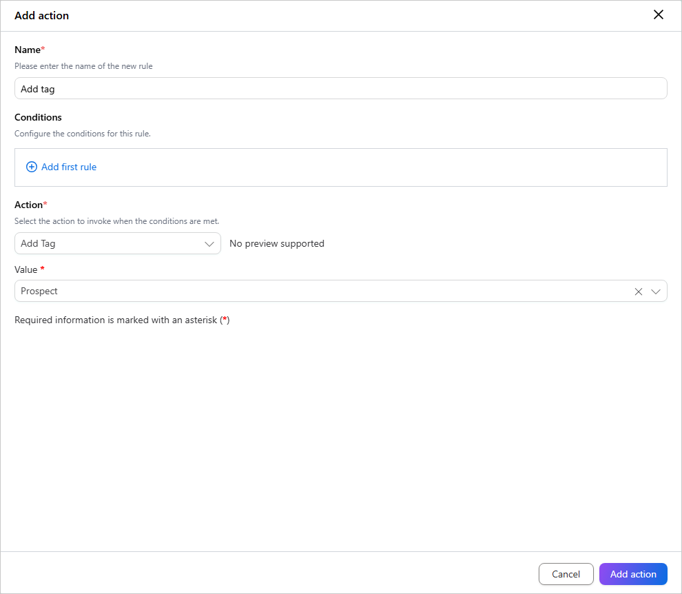 The Add action pane with the name Add tag, the Add Tag action selected, and the value Prospect