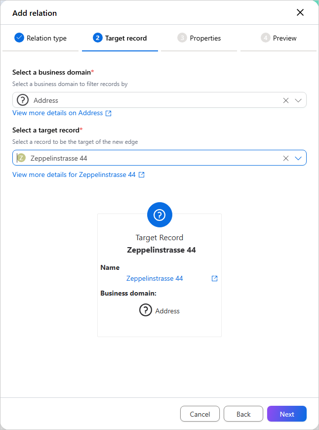 Add relation panel on the Target record step: business domain Address and target record Zeppelinstrasse 44 selected