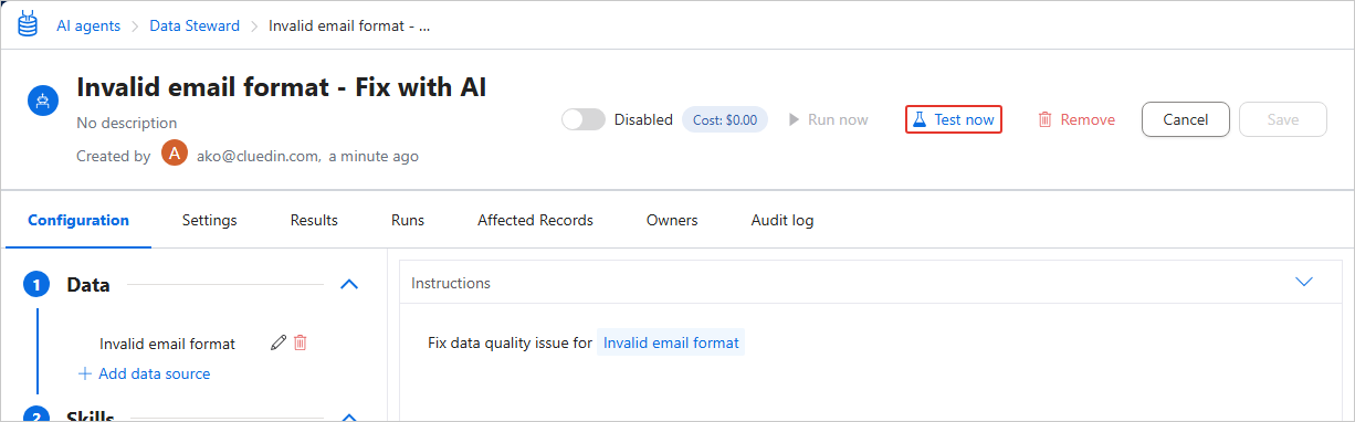 The AI agent job page with the Test now button highlighted near the upper-right corner