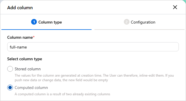 Add column dialog on the Column type step, with Column name full-name and Computed column selected