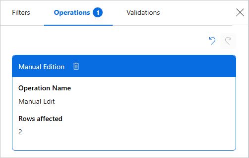 Operations tab showing a Manual Edition entry with Operation Name Manual Edit and Rows affected 2, plus a delete icon and revert icon