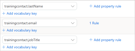 Map columns to vocabulary key tab where trainingcontact.email shows 1 Rule while other keys show Add property rule