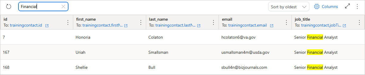 Preview tab with Financial entered in the search box and three matching records shown, each with Financial highlighted in the job_title column