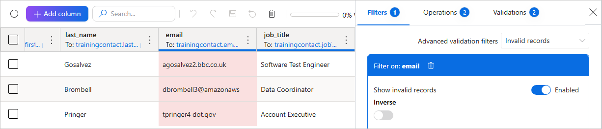 Records filtered to invalid email values, with the invalid cells in red and the email filter on the Filters pane
