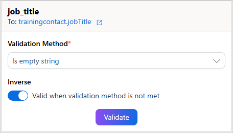 The job_title field set to the Is empty string method, with the Inverse toggle turned on and the Validate button