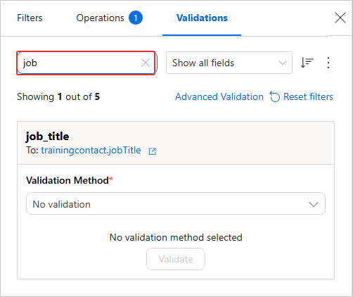 The Validations pane searched for job, showing the job_title field with no validation method selected