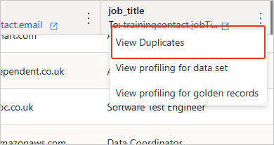 Column header three-dot menu for job_title with View Duplicates highlighted