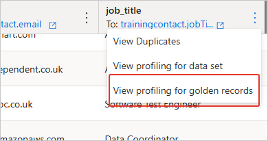 Column header three-dot menu with View profiling for golden records highlighted
