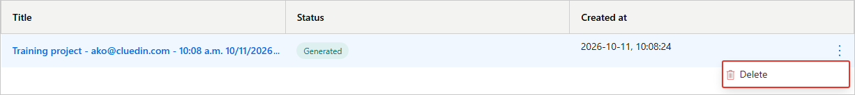 Session row in the manual data entry project with the three-dot menu open and the Delete option highlighted