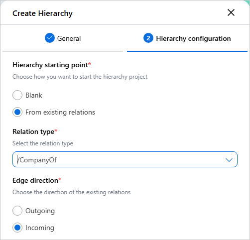 Hierarchy configuration step with From existing relations selected, Relation type /CompanyOf, and Edge direction Incoming