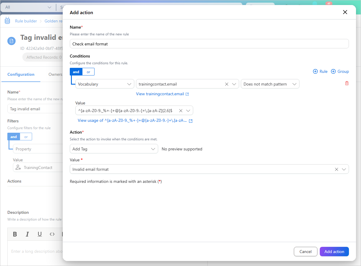 Add action dialog: condition trainingcontact.email Does not match pattern with an email regular expression, and action Add Tag with value Invalid email format