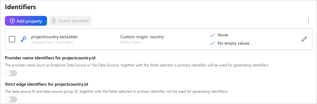 The Identifiers section of the mapping listing projectcountry.twoLetter with custom origin country, plus provider name and strict edge identifier toggles