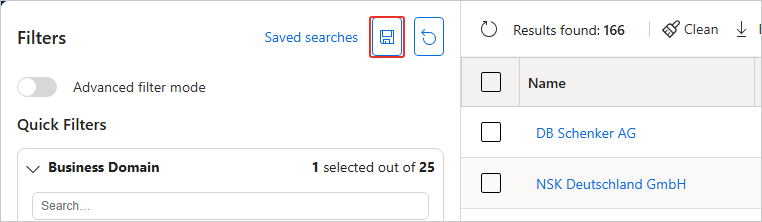 Filters pane on the search results page with the save icon highlighted next to Saved searches