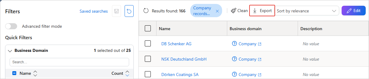 Search results page toolbar with the Export option highlighted