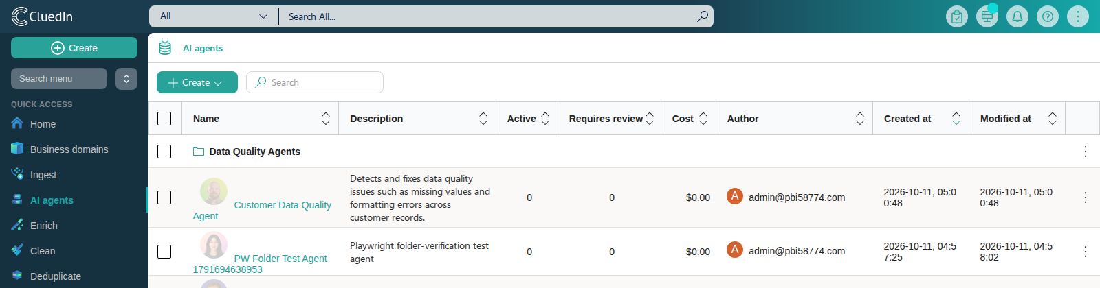 The AI agents list with the Customer Data Quality Agent row below the Data Quality Agents folder row it is dragged onto