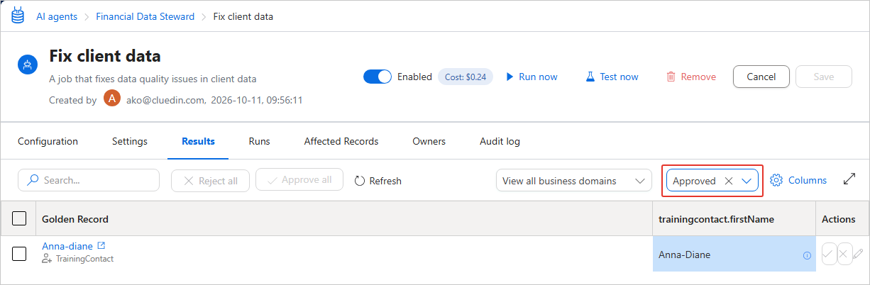 The Results tab of an AI agent job with the status filter set to Approved, listing one approved suggestion