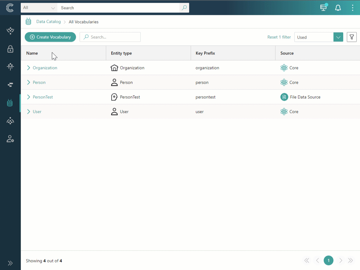 Animation: selecting Create Vocabulary on the All Vocabularies page, entering the vocabulary name, business domain, key prefix, and description, and selecting Create