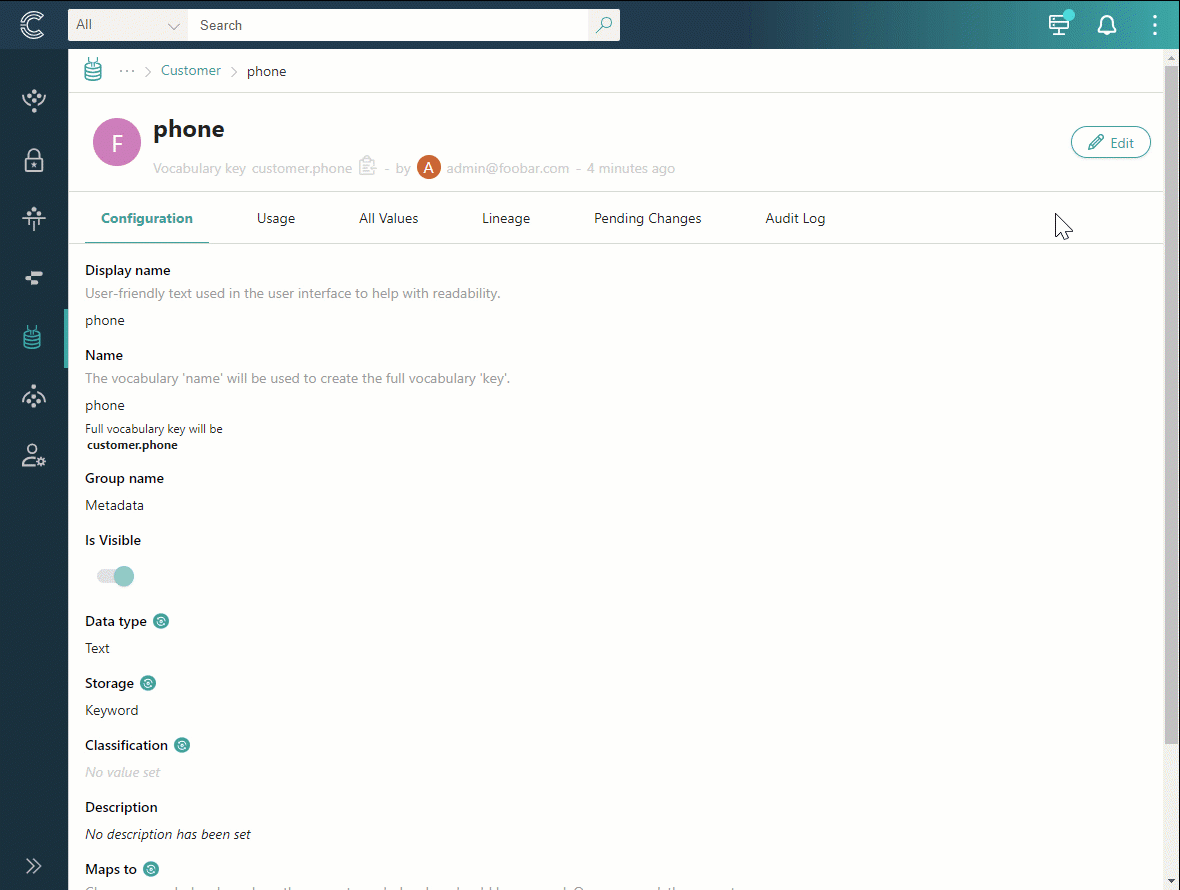 Animation: selecting Edit on the customer.phone vocabulary key details page, changing configuration sections, and saving