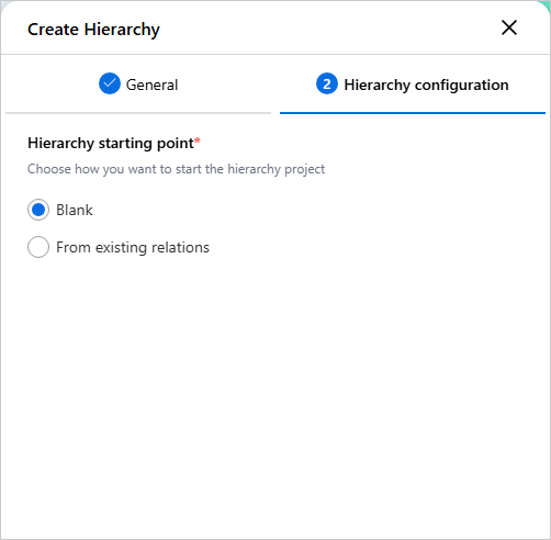 Hierarchy configuration tab of the Create Hierarchy pane with Blank selected as the Hierarchy starting point