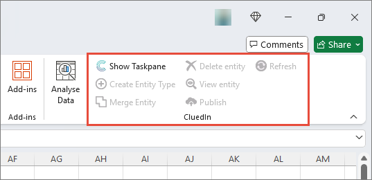 The new CluedIn group on the Excel ribbon, with only Show Taskpane available and the other actions greyed out