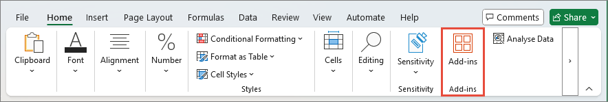 The Home tab of the Excel ribbon with the Add-ins button highlighted